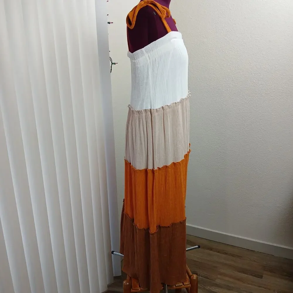 Blu Pepper Tiered Maxi Sundress S white tan orange brown colorblock lined - Picture 4 of 12